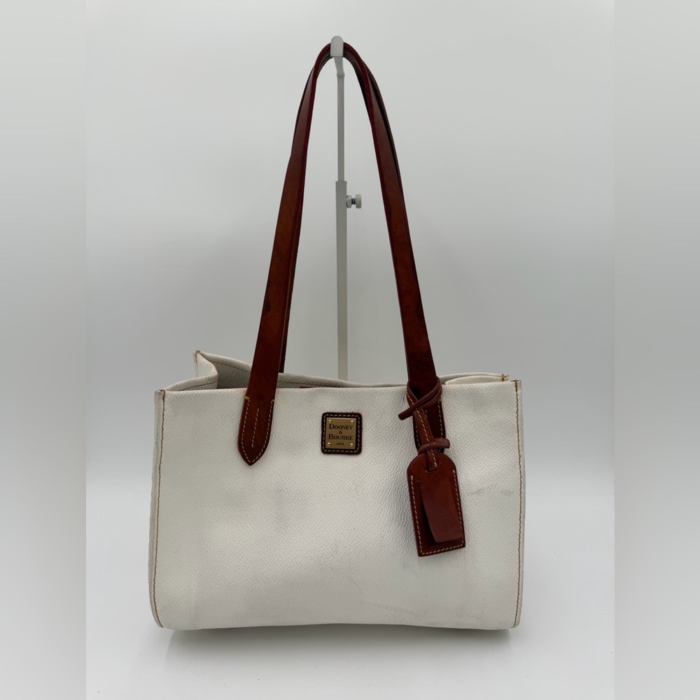 Dooney & Bourke White Pebble Leather Tote Brown Trim Red Lining Classic Shopper
